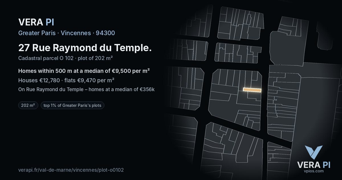 27 Rue Raymond du Temple, Vincennes at night – the plot lit, the parcels around coloured by the prices near them