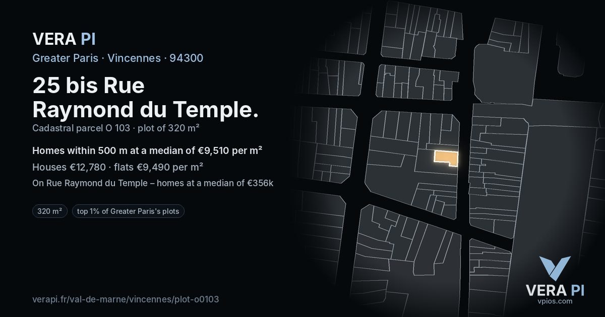 25 bis Rue Raymond du Temple, Vincennes at night – the plot lit, the parcels around coloured by the prices near them