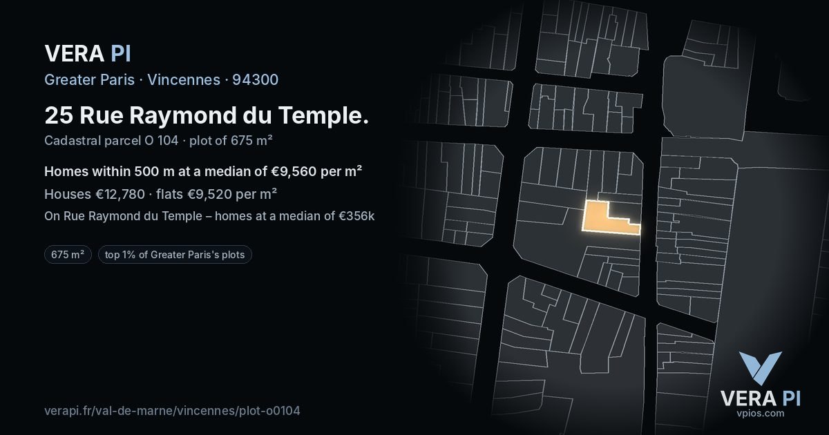25 Rue Raymond du Temple, Vincennes at night – the plot lit, the parcels around coloured by the prices near them