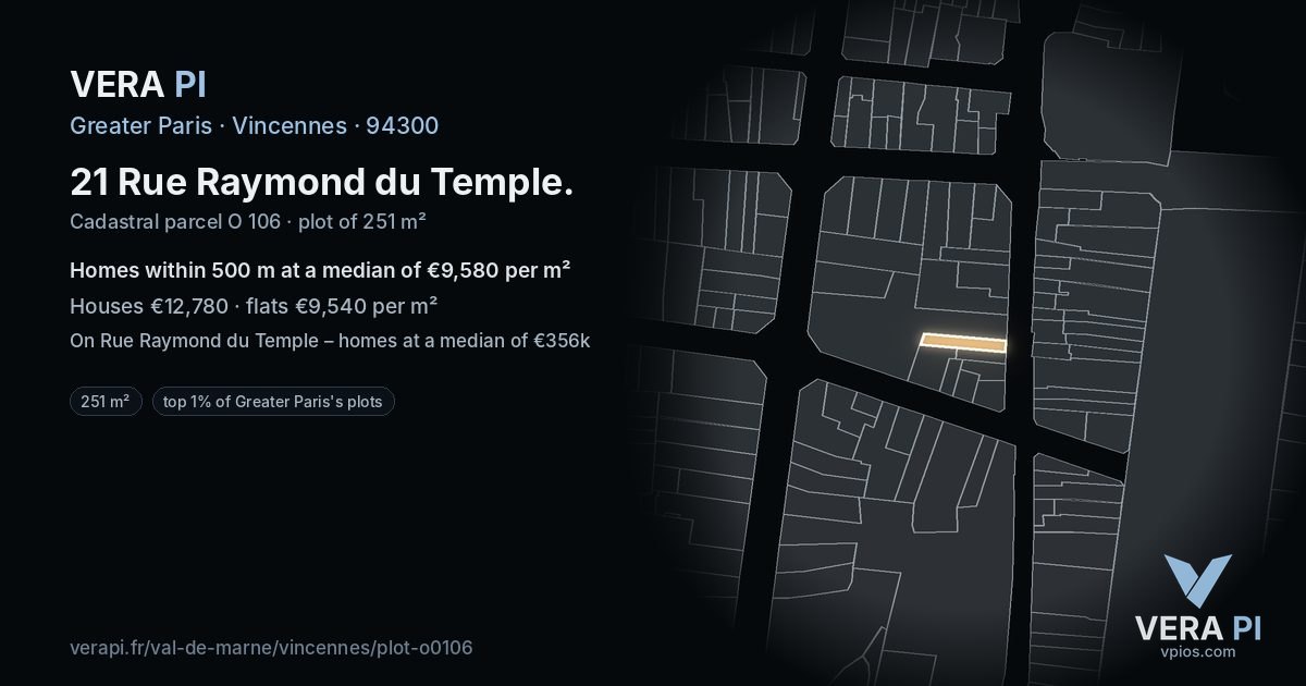21 Rue Raymond du Temple, Vincennes at night – the plot lit, the parcels around coloured by the prices near them