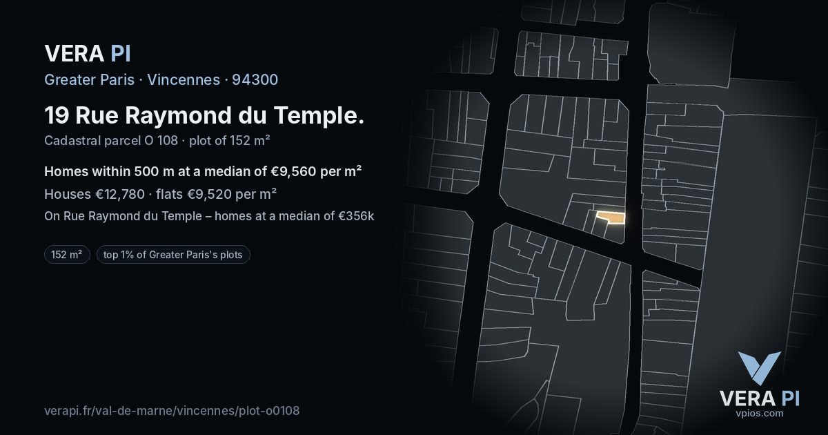 19 Rue Raymond du Temple, Vincennes at night – the plot lit, the parcels around coloured by the prices near them