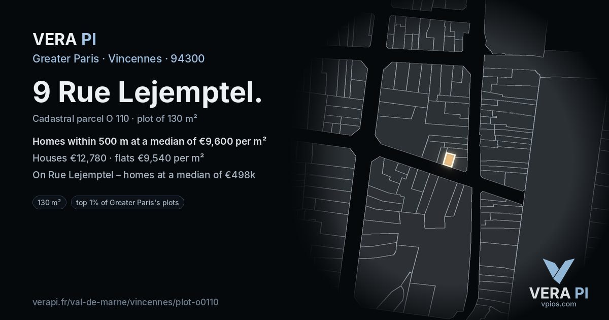 9 Rue Lejemptel, Vincennes at night – the plot lit, the parcels around coloured by the prices near them