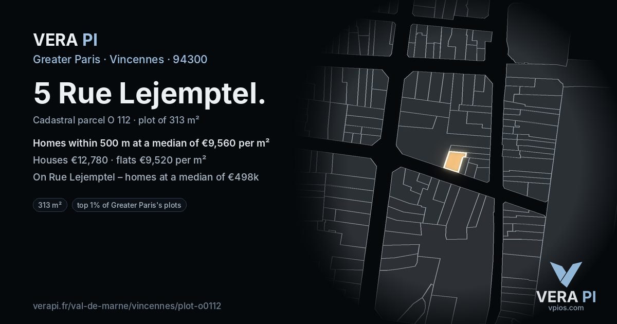5 Rue Lejemptel, Vincennes at night – the plot lit, the parcels around coloured by the prices near them