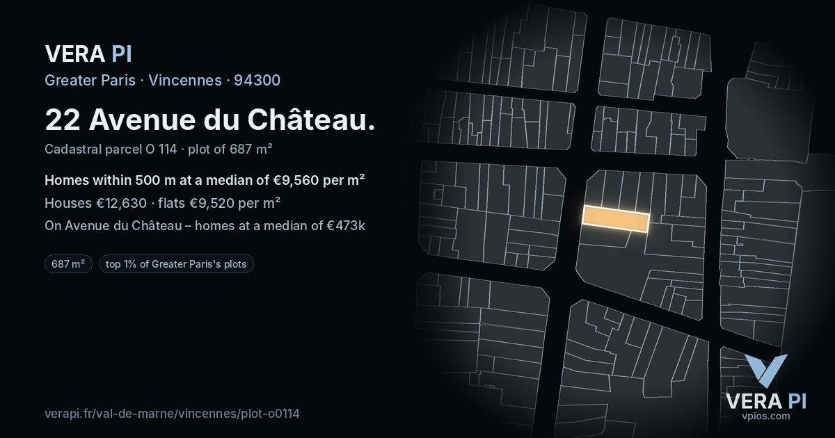 22 Avenue du Château, Vincennes at night – the plot lit, the parcels around coloured by the prices near them
