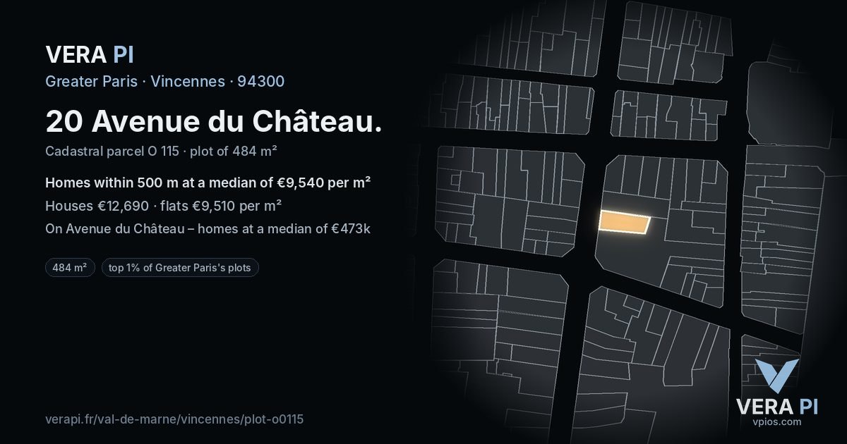 20 Avenue du Château, Vincennes at night – the plot lit, the parcels around coloured by the prices near them
