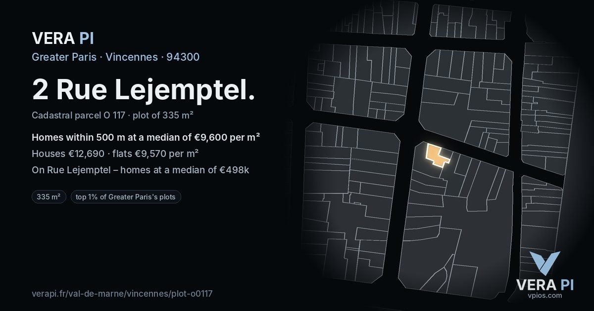 2 Rue Lejemptel, Vincennes at night – the plot lit, the parcels around coloured by the prices near them