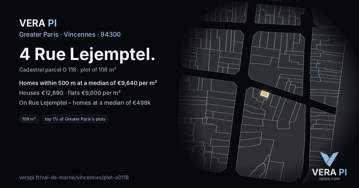 4 Rue Lejemptel, Vincennes at night – the plot lit, the parcels around coloured by the prices near them