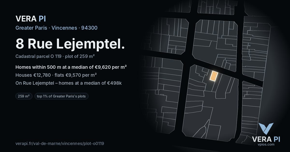8 Rue Lejemptel, Vincennes at night – the plot lit, the parcels around coloured by the prices near them