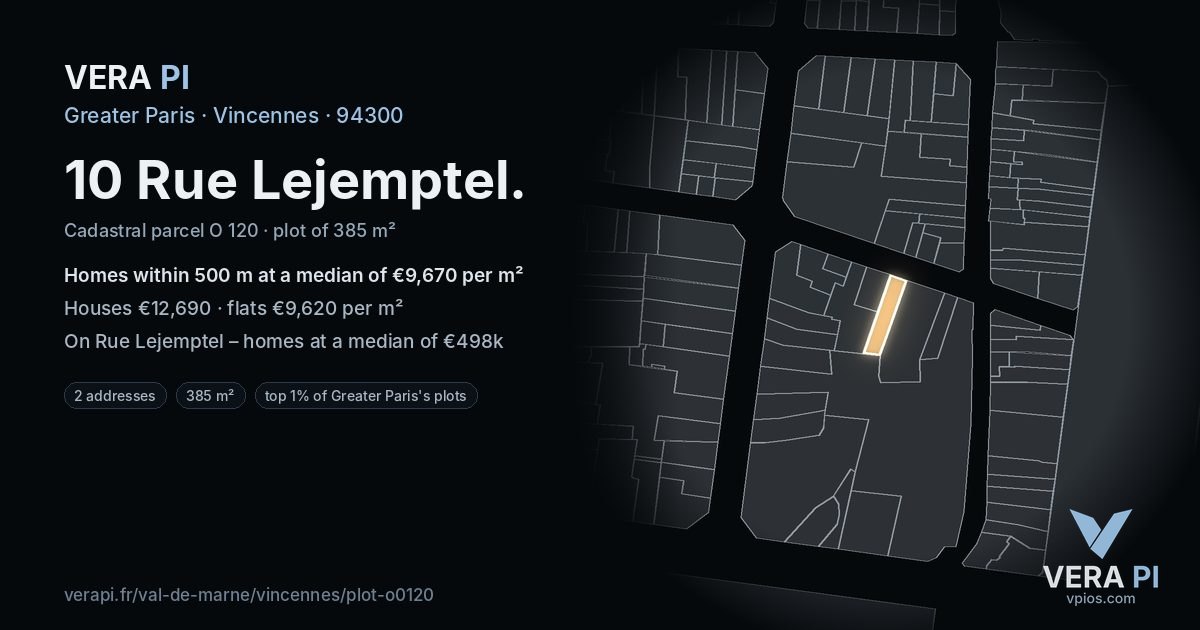 10 Rue Lejemptel, Vincennes at night – the plot lit, the parcels around coloured by the prices near them