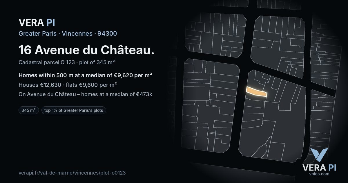 16 Avenue du Château, Vincennes at night – the plot lit, the parcels around coloured by the prices near them