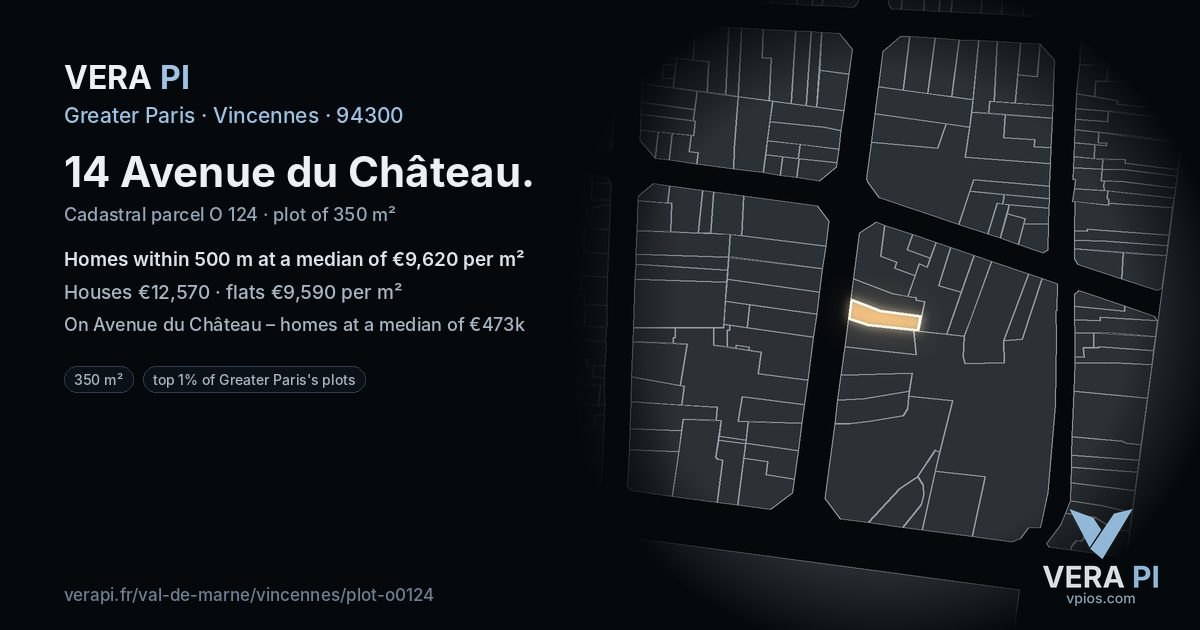 14 Avenue du Château, Vincennes at night – the plot lit, the parcels around coloured by the prices near them