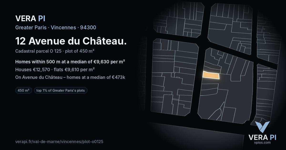 12 Avenue du Château, Vincennes at night – the plot lit, the parcels around coloured by the prices near them