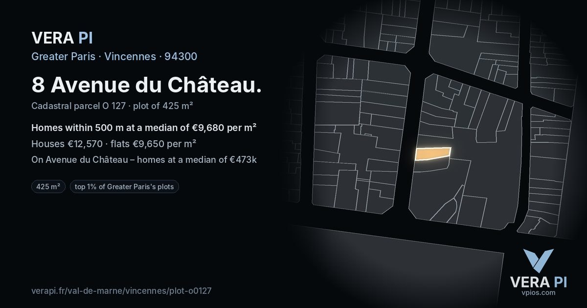 8 Avenue du Château, Vincennes at night – the plot lit, the parcels around coloured by the prices near them