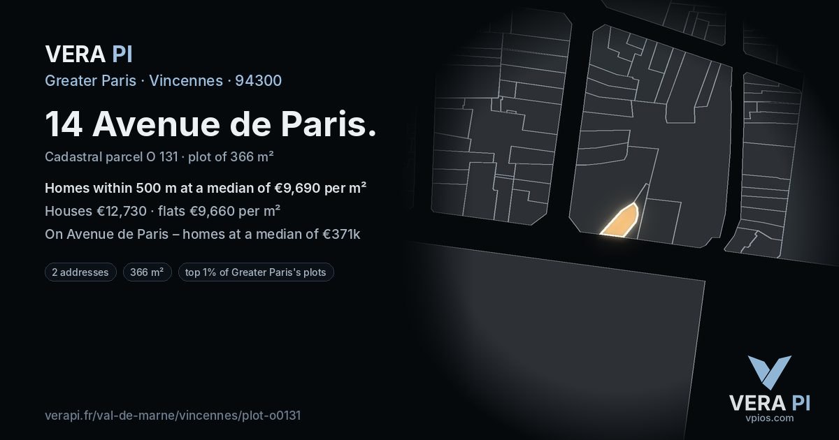 14 Avenue de Paris, Vincennes at night – the plot lit, the parcels around coloured by the prices near them
