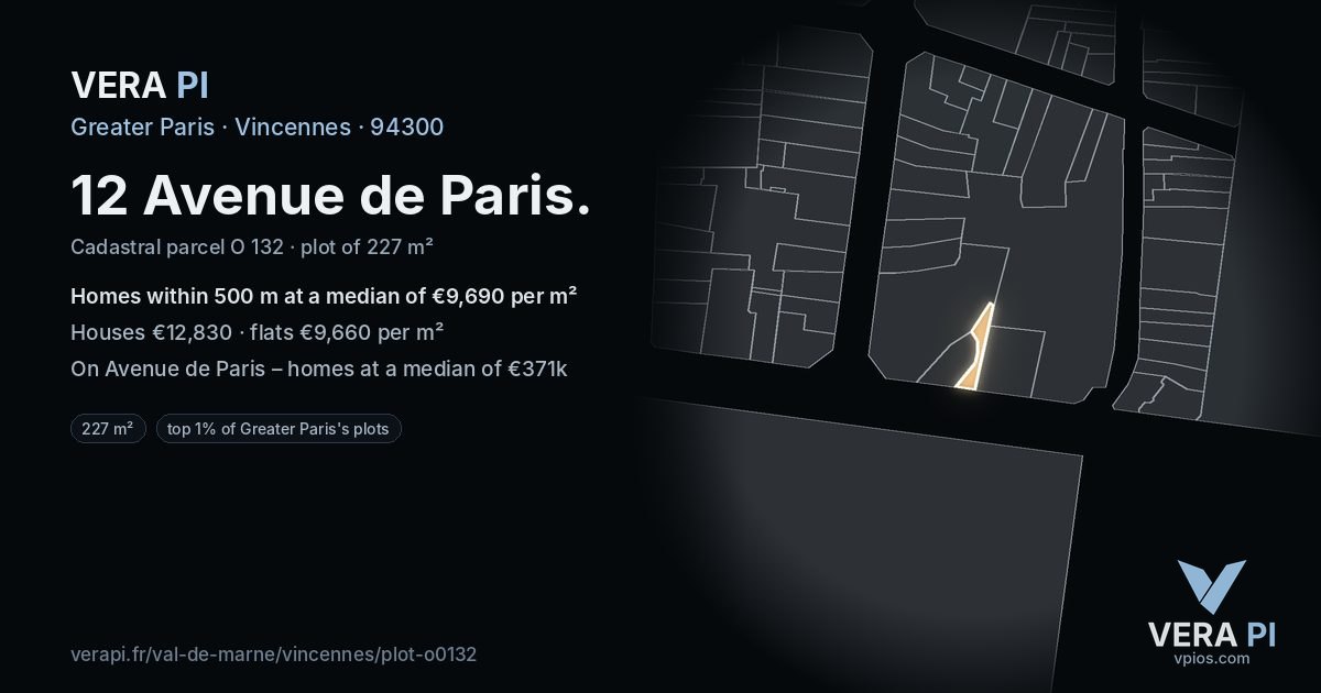 12 Avenue de Paris, Vincennes at night – the plot lit, the parcels around coloured by the prices near them