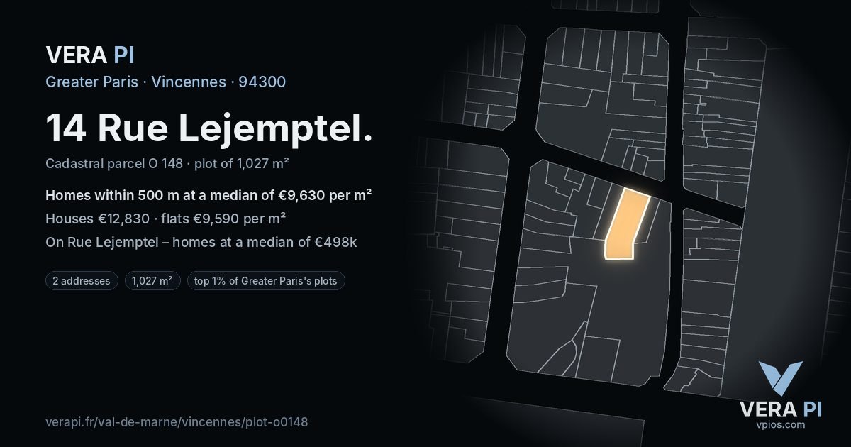 14 Rue Lejemptel, Vincennes at night – the plot lit, the parcels around coloured by the prices near them
