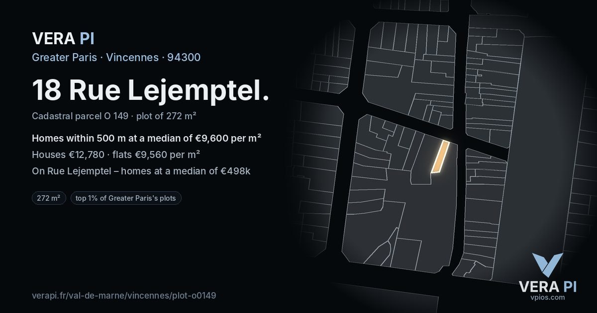 18 Rue Lejemptel, Vincennes at night – the plot lit, the parcels around coloured by the prices near them