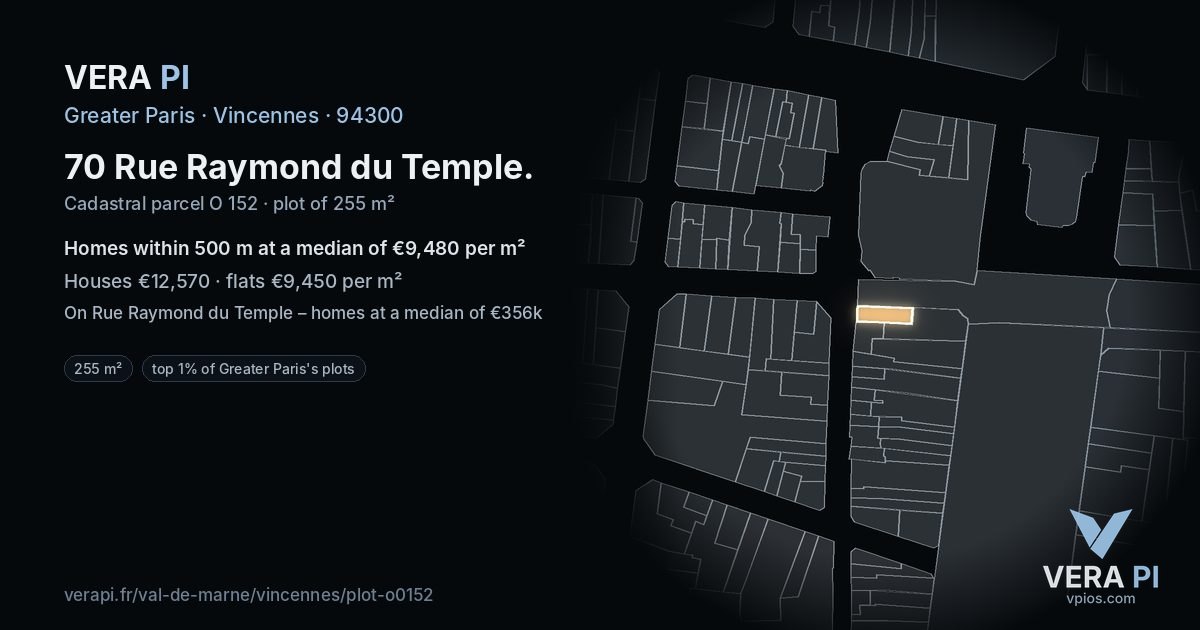 70 Rue Raymond du Temple, Vincennes at night – the plot lit, the parcels around coloured by the prices near them