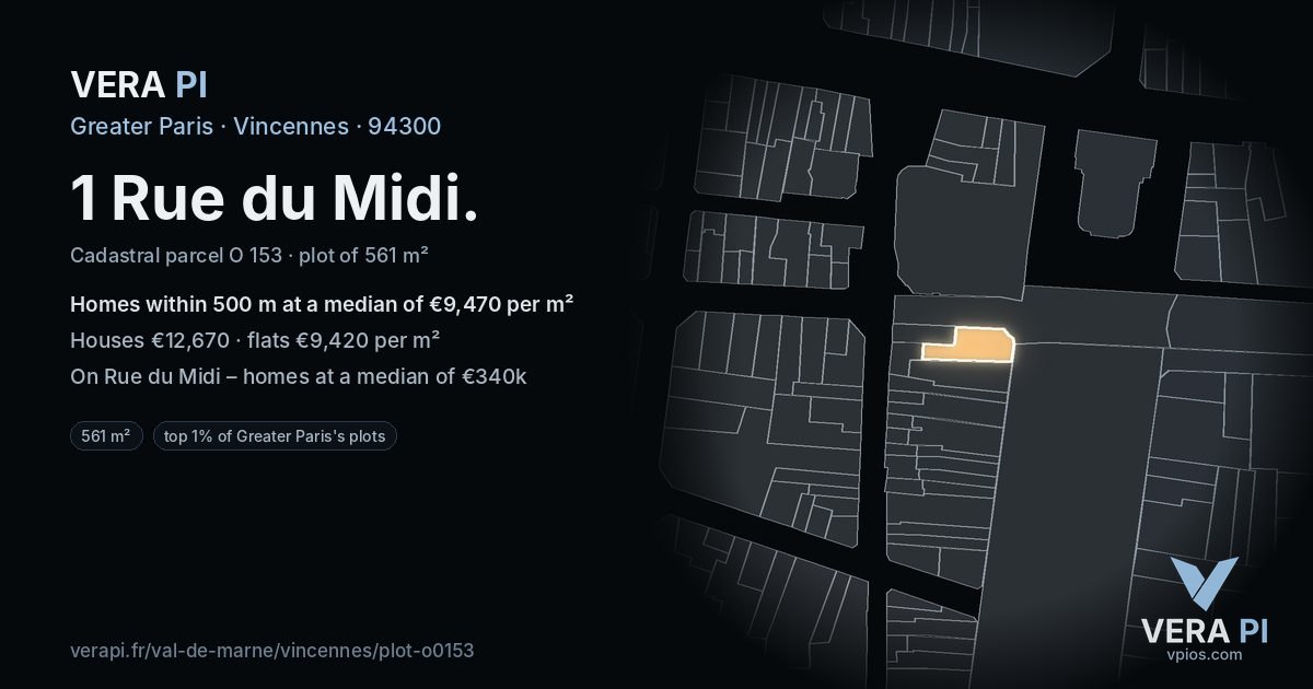 1 Rue du Midi, Vincennes at night – the plot lit, the parcels around coloured by the prices near them