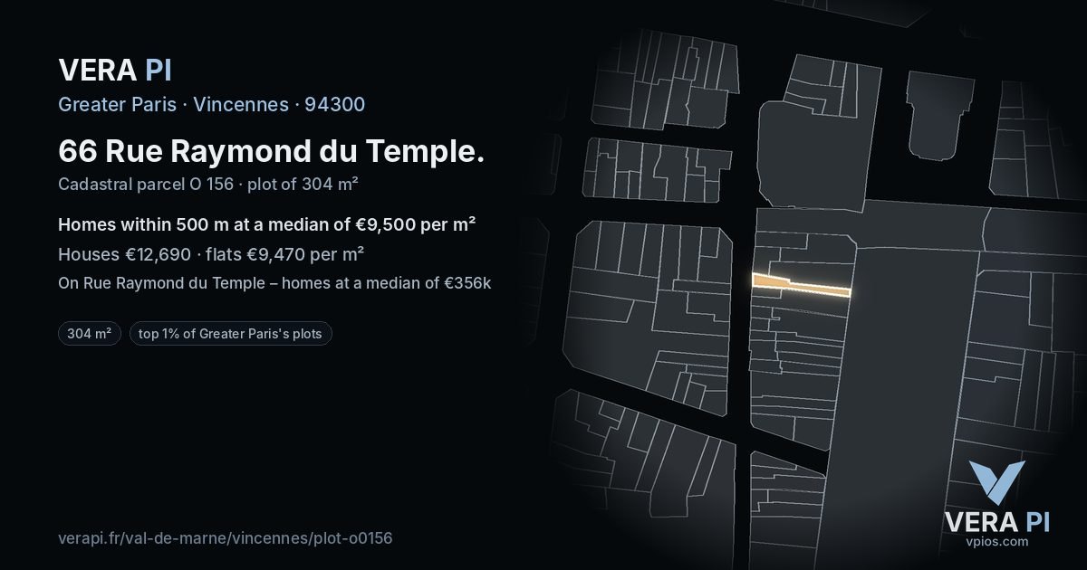 66 Rue Raymond du Temple, Vincennes at night – the plot lit, the parcels around coloured by the prices near them