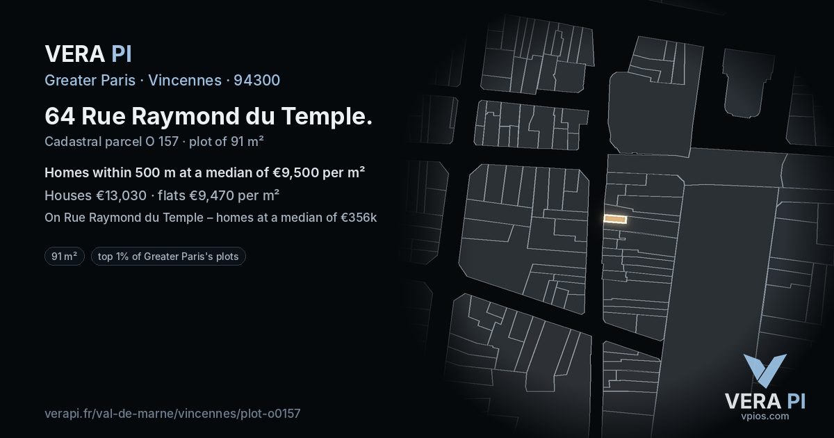 64 Rue Raymond du Temple, Vincennes at night – the plot lit, the parcels around coloured by the prices near them