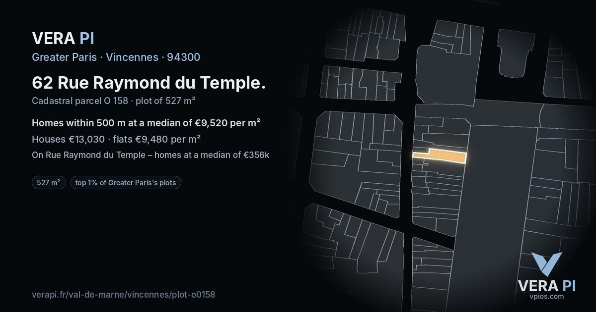 62 Rue Raymond du Temple, Vincennes at night – the plot lit, the parcels around coloured by the prices near them