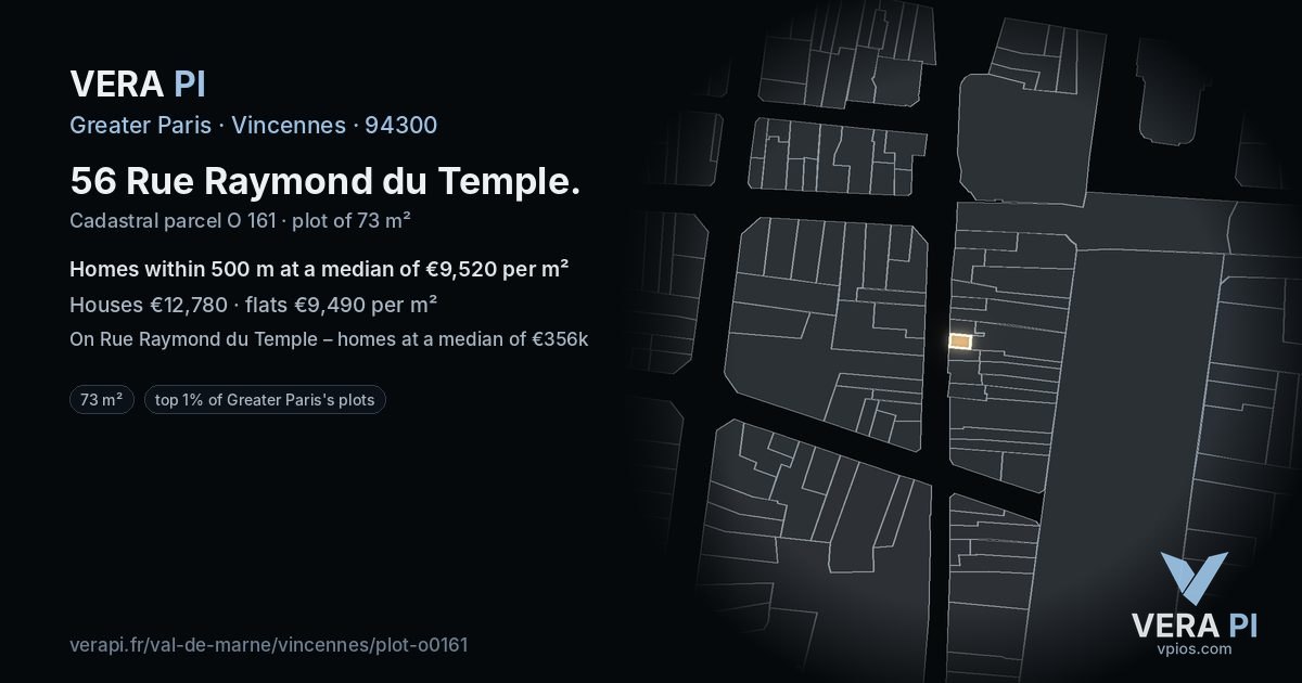 56 Rue Raymond du Temple, Vincennes at night – the plot lit, the parcels around coloured by the prices near them