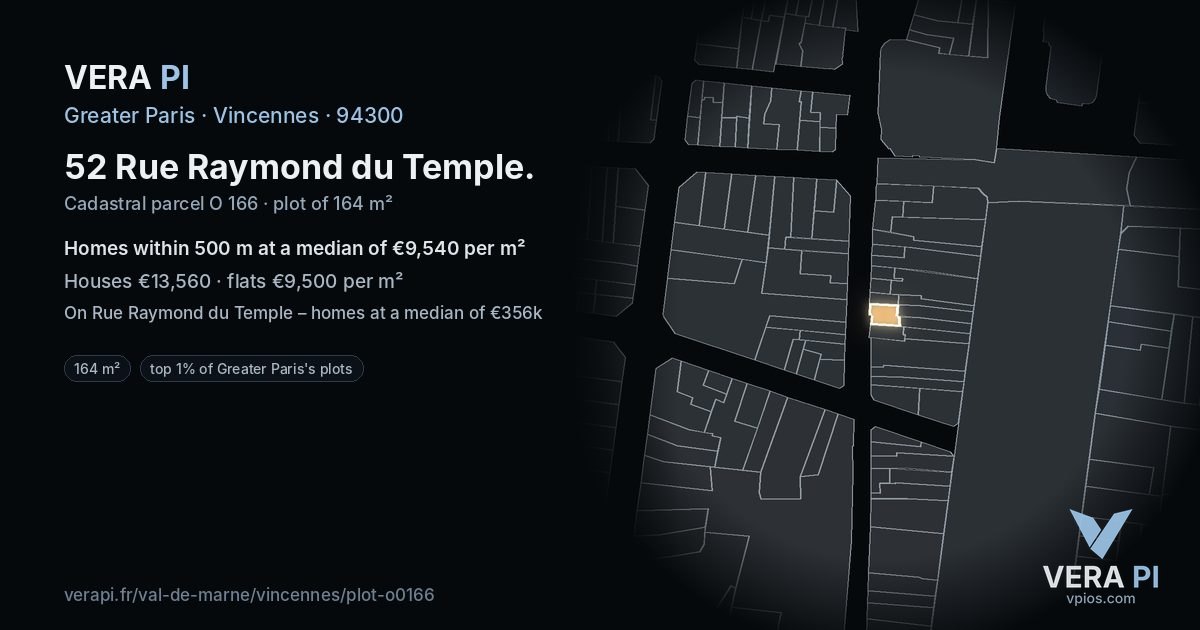 52 Rue Raymond du Temple, Vincennes at night – the plot lit, the parcels around coloured by the prices near them