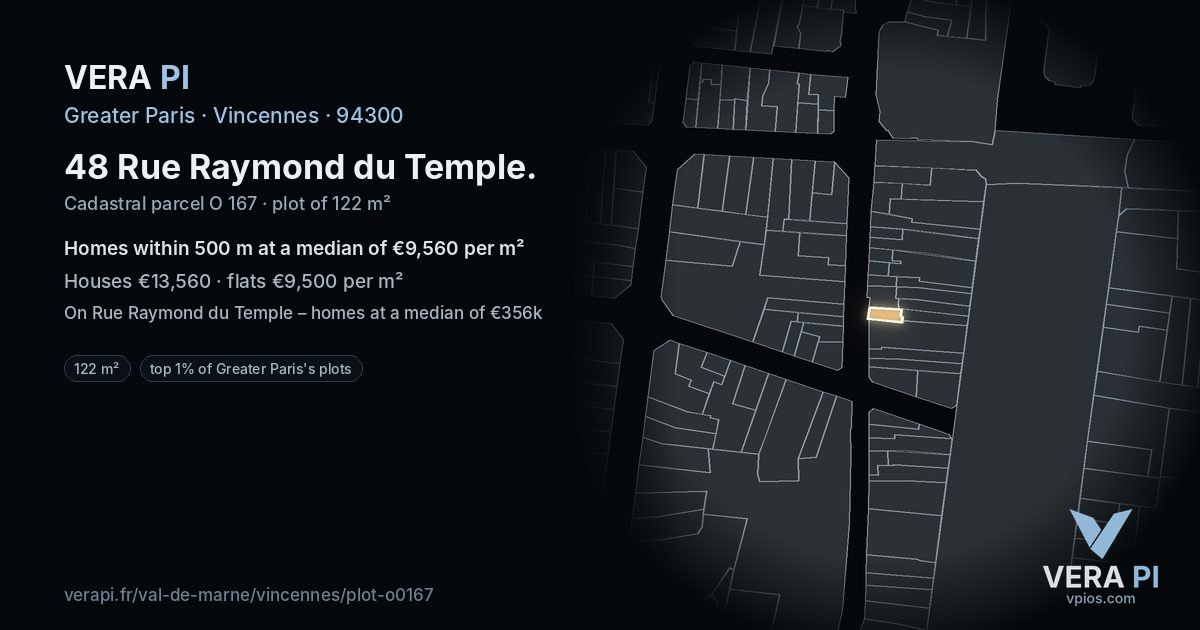 48 Rue Raymond du Temple, Vincennes at night – the plot lit, the parcels around coloured by the prices near them