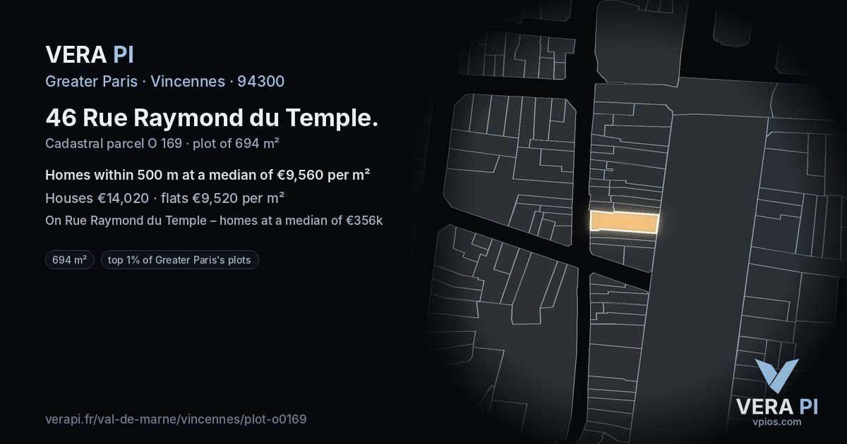 46 Rue Raymond du Temple, Vincennes at night – the plot lit, the parcels around coloured by the prices near them