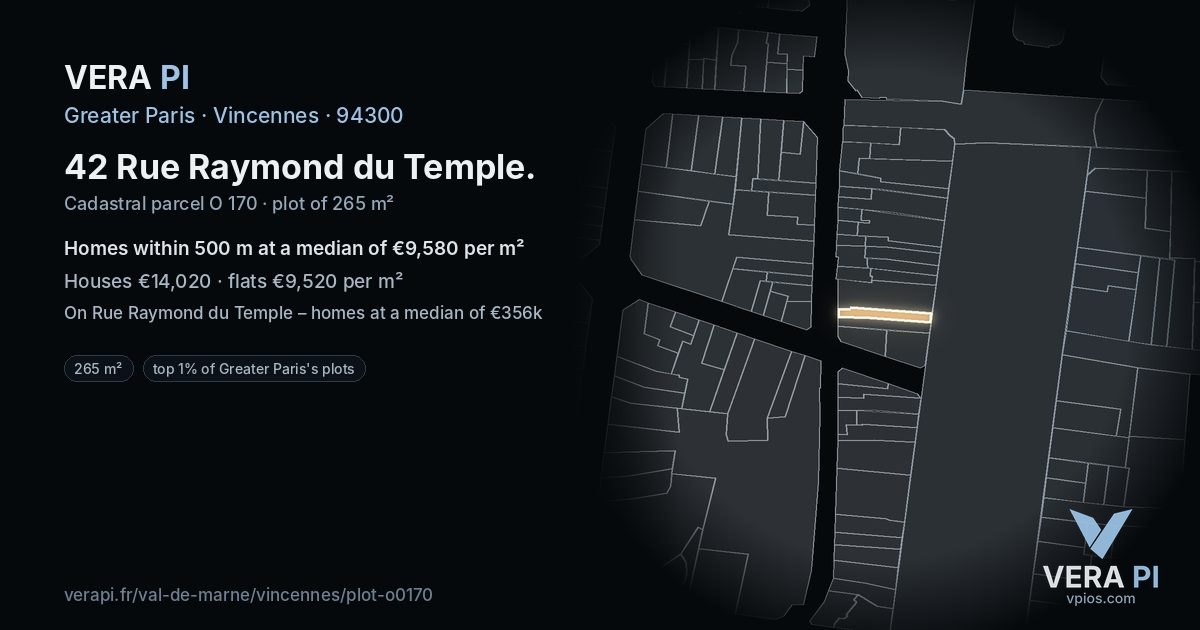 42 Rue Raymond du Temple, Vincennes at night – the plot lit, the parcels around coloured by the prices near them