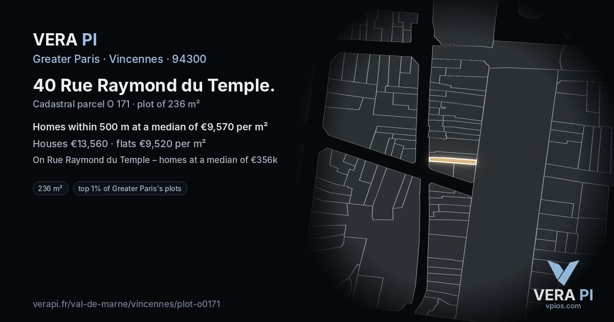 40 Rue Raymond du Temple, Vincennes at night – the plot lit, the parcels around coloured by the prices near them