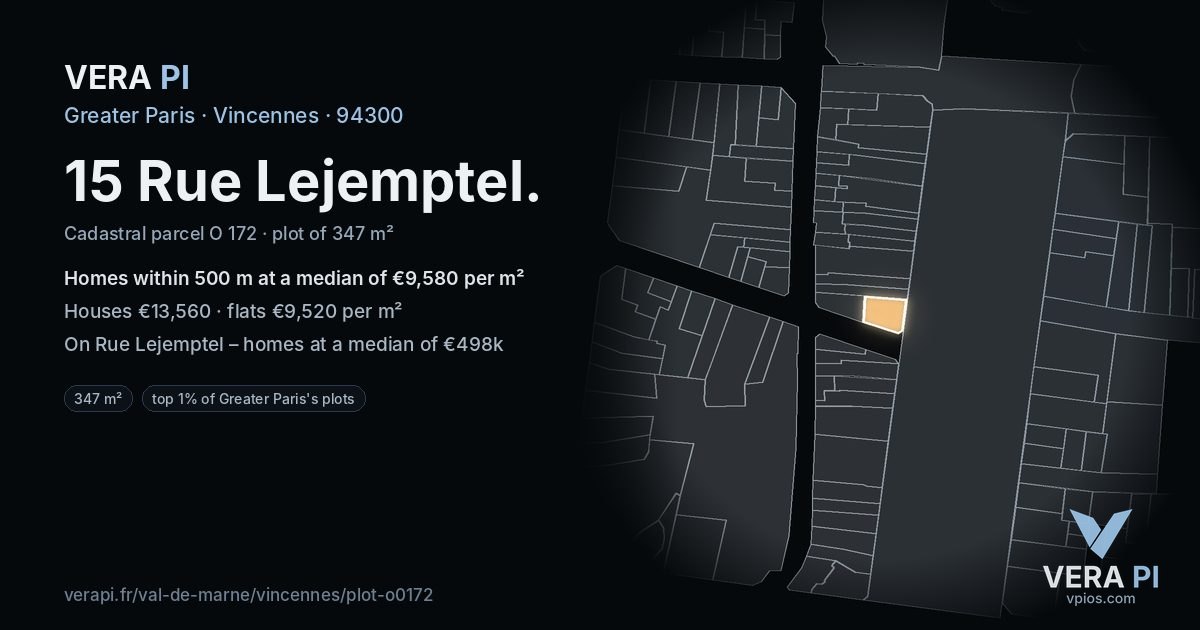 15 Rue Lejemptel, Vincennes at night – the plot lit, the parcels around coloured by the prices near them