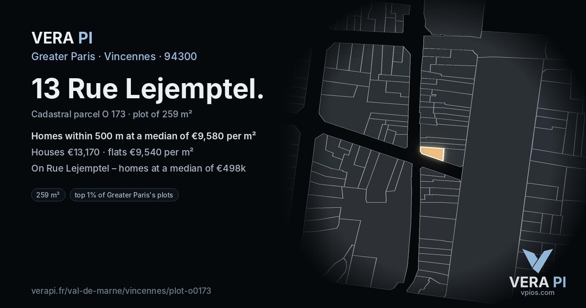 13 Rue Lejemptel, Vincennes at night – the plot lit, the parcels around coloured by the prices near them