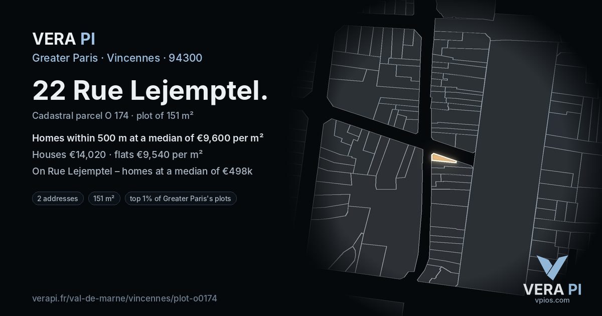 22 Rue Lejemptel, Vincennes at night – the plot lit, the parcels around coloured by the prices near them