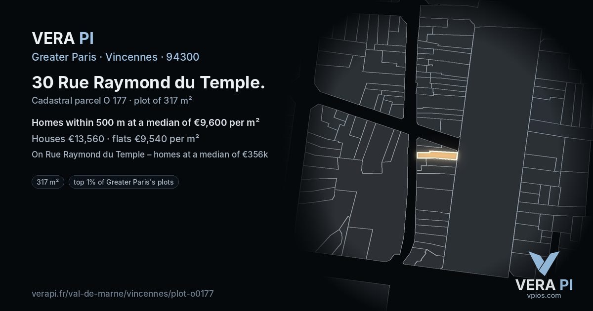 30 Rue Raymond du Temple, Vincennes at night – the plot lit, the parcels around coloured by the prices near them