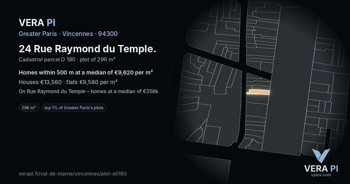 24 Rue Raymond du Temple, Vincennes at night – the plot lit, the parcels around coloured by the prices near them