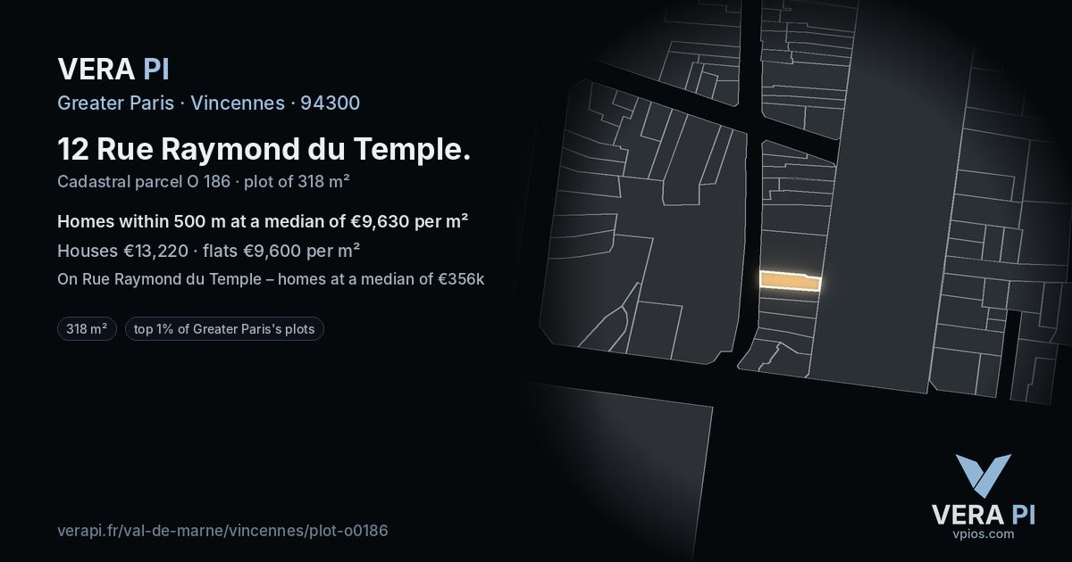 12 Rue Raymond du Temple, Vincennes at night – the plot lit, the parcels around coloured by the prices near them