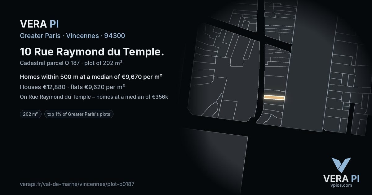 10 Rue Raymond du Temple, Vincennes at night – the plot lit, the parcels around coloured by the prices near them