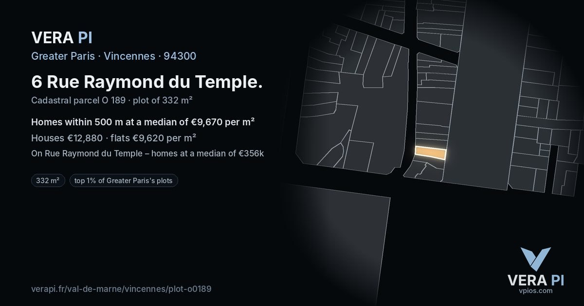 6 Rue Raymond du Temple, Vincennes at night – the plot lit, the parcels around coloured by the prices near them