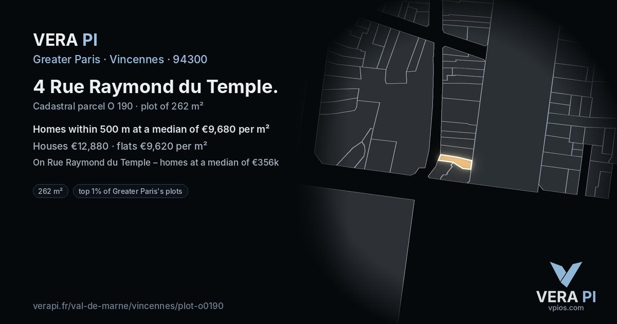 4 Rue Raymond du Temple, Vincennes at night – the plot lit, the parcels around coloured by the prices near them