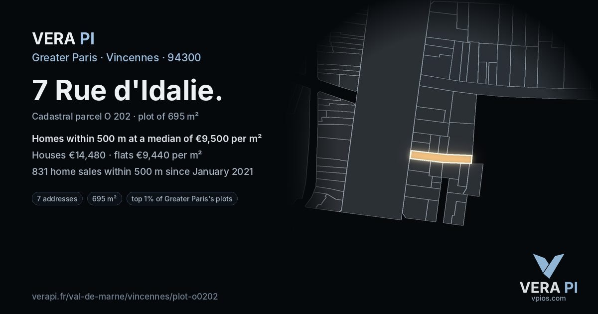 7 Rue d'Idalie, Vincennes at night – the plot lit, the parcels around coloured by the prices near them