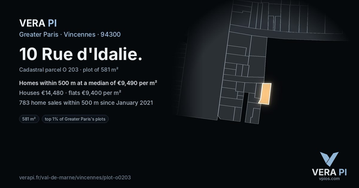 10 Rue d'Idalie, Vincennes at night – the plot lit, the parcels around coloured by the prices near them