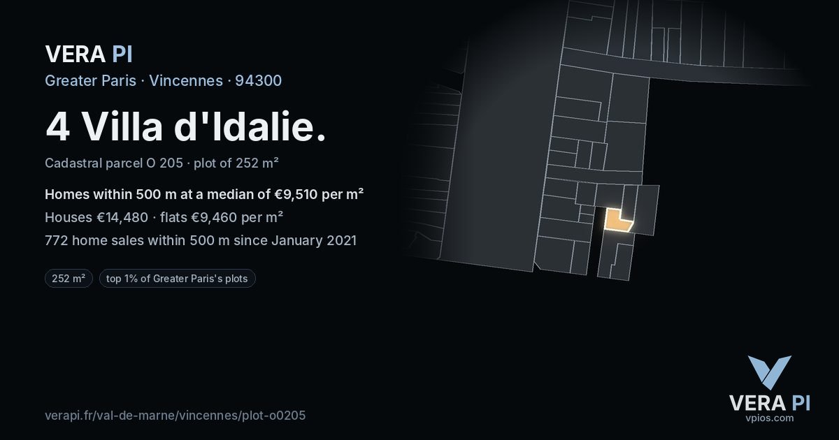 4 Villa d'Idalie, Vincennes at night – the plot lit, the parcels around coloured by the prices near them