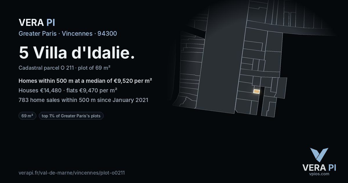 5 Villa d'Idalie, Vincennes at night – the plot lit, the parcels around coloured by the prices near them