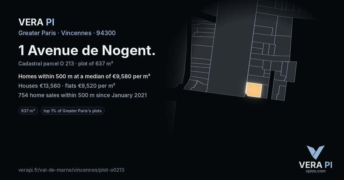 1 Avenue de Nogent, Vincennes at night – the plot lit, the parcels around coloured by the prices near them