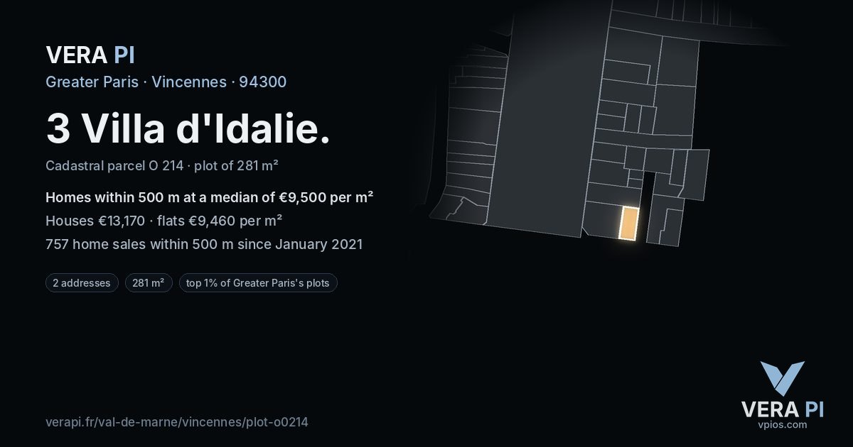 3 Villa d'Idalie, Vincennes at night – the plot lit, the parcels around coloured by the prices near them