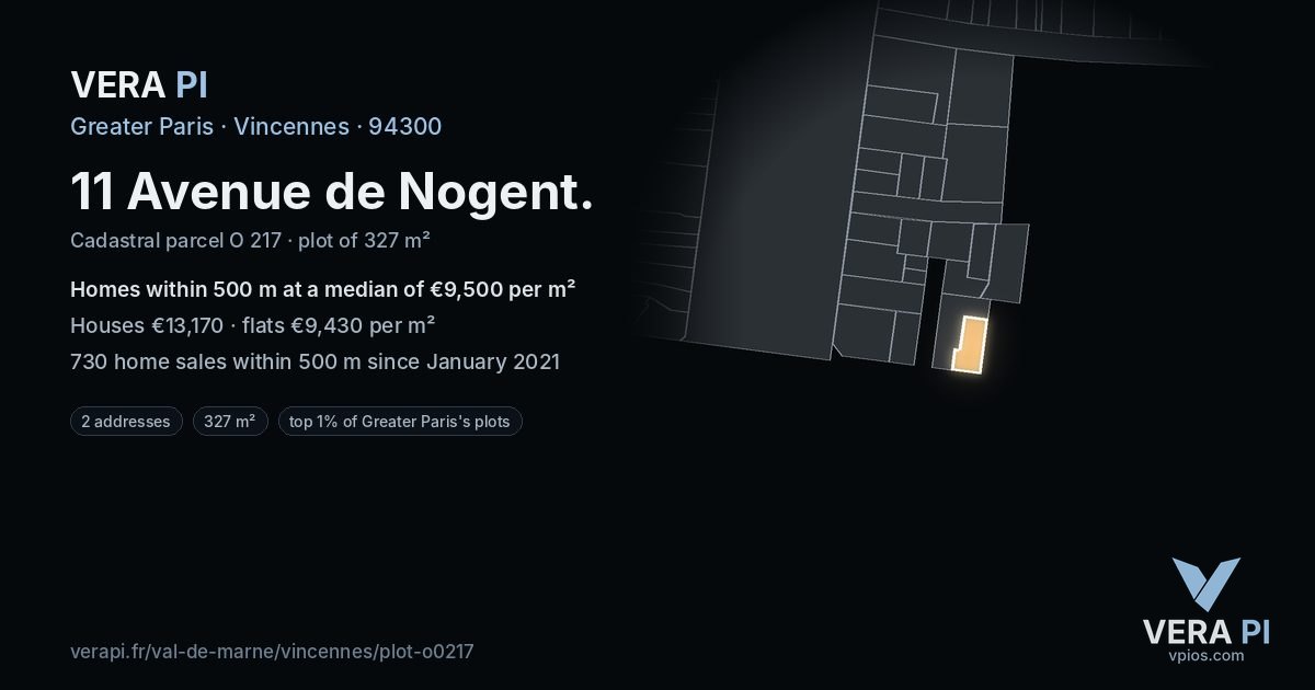 11 Avenue de Nogent, Vincennes at night – the plot lit, the parcels around coloured by the prices near them