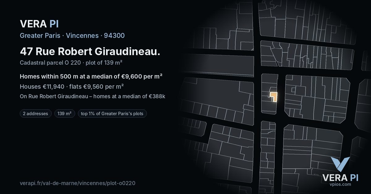 47 Rue Robert Giraudineau, Vincennes at night – the plot lit, the parcels around coloured by the prices near them