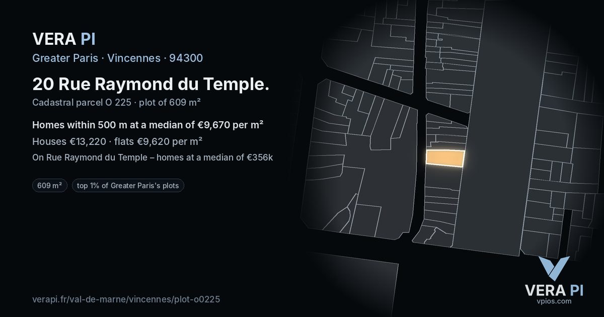 20 Rue Raymond du Temple, Vincennes at night – the plot lit, the parcels around coloured by the prices near them